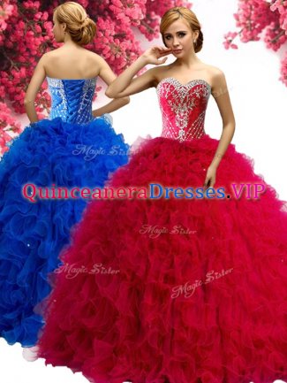 Extravagant Red Tulle Lace Up Sweetheart Sleeveless Floor Length Vestidos de Quinceanera Beading and Ruffles