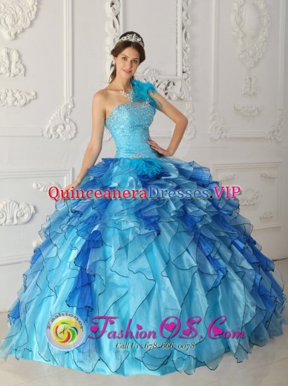 Bunyola Spain Aqua Blue One Shoulder Discount Quinceanera Dress Beaded Bodice Satin and Organza Ball Gown - Click Image to Close