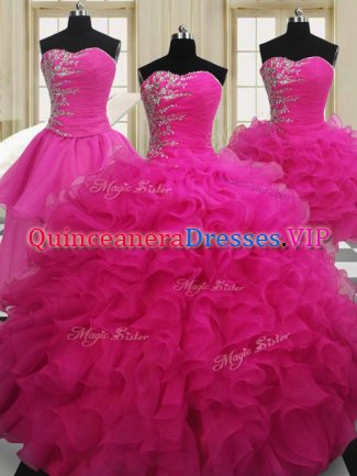 Four Piece Hot Pink Zipper Sweetheart Beading Quince Ball Gowns Organza Sleeveless