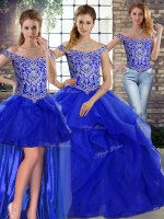 Sweet Royal Blue Lace Up Quinceanera Dress Beading and Ruffles Sleeveless Brush Train