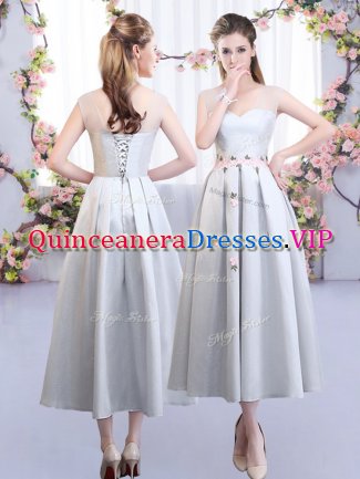 Sexy Silver Damas Dress Wedding Party with Appliques Straps Sleeveless Lace Up