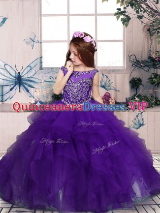 Excellent Purple Scoop Neckline Beading and Ruffles Custom Made Pageant Dress Sleeveless Zipper