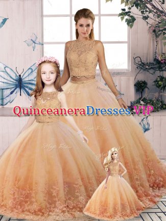 Peach Backless Vestidos de Quinceanera Lace Sleeveless Sweep Train