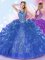 High Class Halter Top Sleeveless Floor Length Appliques and Ruffled Layers Lace Up Vestidos de Quinceanera with Royal Blue