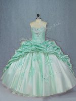 Edgy Apple Green Ball Gowns Sweetheart Sleeveless Organza and Taffeta Brush Train Lace Up Beading and Pick Ups Sweet 16 Quinceanera Dress