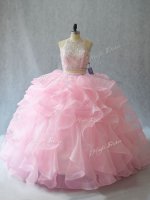Exquisite Halter Top Sleeveless 15th Birthday Dress Brush Train Beading and Ruffles Baby Pink Organza