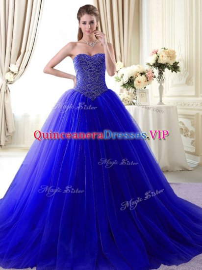 Sleeveless With Train Beading Lace Up 15 Quinceanera Dress with Royal Blue Brush Train - Click Image to Close