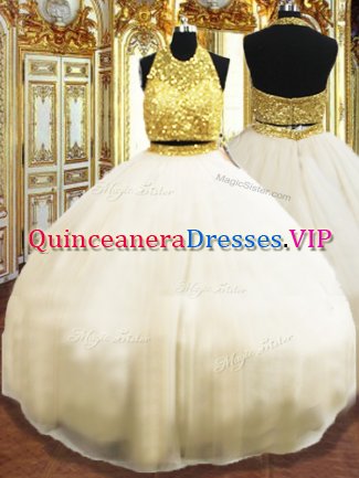 Halter Top Sleeveless Tulle Quinceanera Dresses Beading Zipper