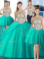Smart Four Piece Halter Top Turquoise Tulle Lace Up Quinceanera Dress Sleeveless Floor Length Embroidery and Pick Ups