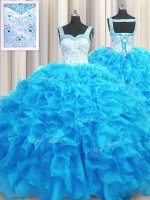 Organza Straps Sleeveless Lace Up Beading and Ruffles 15th Birthday Dress in Aqua Blue