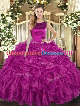 Fuchsia Ball Gowns Scoop Sleeveless Organza Floor Length Lace Up Ruffles Sweet 16 Quinceanera Dress
