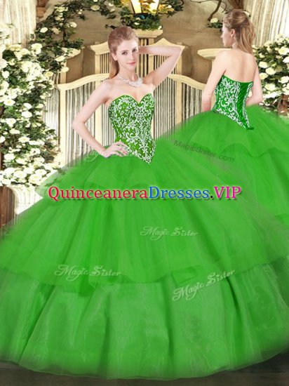 Green Sweetheart Lace Up Beading and Ruffled Layers 15th Birthday Dress Sleeveless - Click Image to Close
