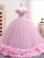 Gorgeous Baby Pink Ball Gowns Tulle Off The Shoulder Sleeveless Hand Made Flower Lace Up Vestidos de Quinceanera Brush Train