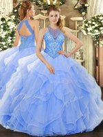 Floor Length Lace Up Quince Ball Gowns Light Blue for Military Ball and Sweet 16 and Quinceanera with Beading and Ruffles