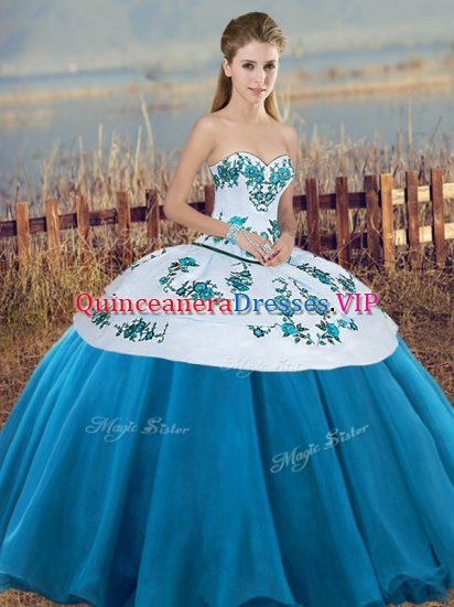 Graceful Blue And White Sleeveless Floor Length Embroidery and Bowknot Lace Up Vestidos de Quinceanera - Click Image to Close