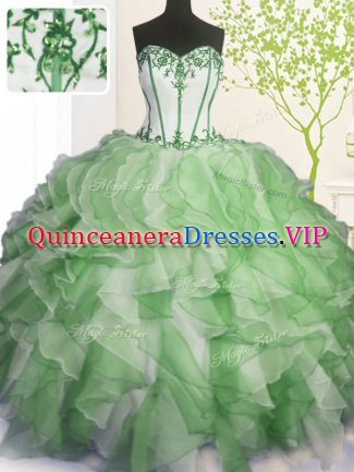 Trendy Green Ball Gowns Organza Sweetheart Sleeveless Beading and Ruffles Floor Length Lace Up Vestidos de Quinceanera