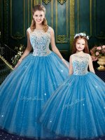 High-neck Sleeveless 15th Birthday Dress Floor Length Lace Baby Blue Tulle