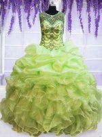Scoop Yellow Green Sleeveless Floor Length Beading and Pick Ups Lace Up Quince Ball Gowns