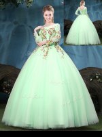 Sexy Scoop Long Sleeves Floor Length Appliques Lace Up Ball Gown Prom Dress with Apple Green