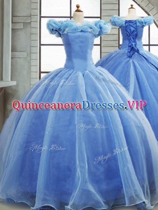 Exquisite Light Blue Sleeveless Organza Brush Train Lace Up Quinceanera Dresses for Military Ball and Sweet 16 and Quinceanera