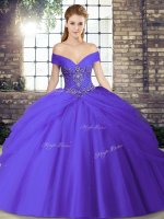 Lovely Purple Tulle Lace Up Off The Shoulder Sleeveless Ball Gown Prom Dress Brush Train Beading and Pick Ups(SKU SJQDDT2088002-11BIZ)