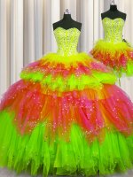 Three Piece Visible Boning Multi-color Ball Gowns Tulle Sweetheart Sleeveless Beading Floor Length Lace Up Quinceanera Gown