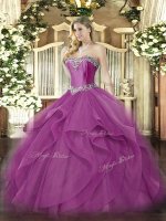 Sophisticated Fuchsia Tulle Lace Up Ball Gown Prom Dress Sleeveless Floor Length Beading and Ruffles(SKU SJQDDT1367002-3BIZ)