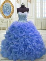 Sweetheart Sleeveless Quinceanera Gowns Sweep Train Beading and Ruffles Blue Organza(SKU PSSW090-2BIZ)