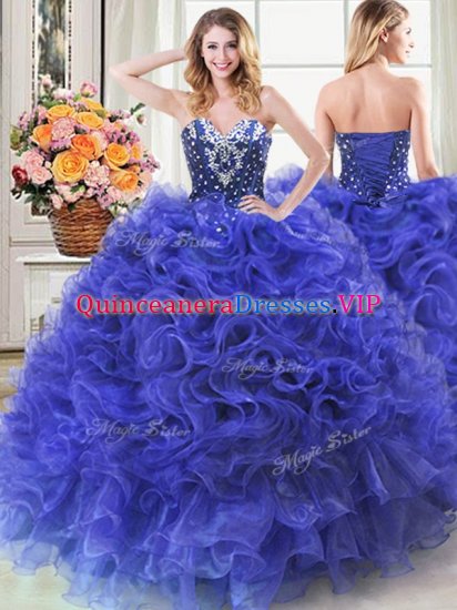 Floor Length Royal Blue Sweet 16 Quinceanera Dress Organza Sleeveless Beading and Ruffles - Click Image to Close