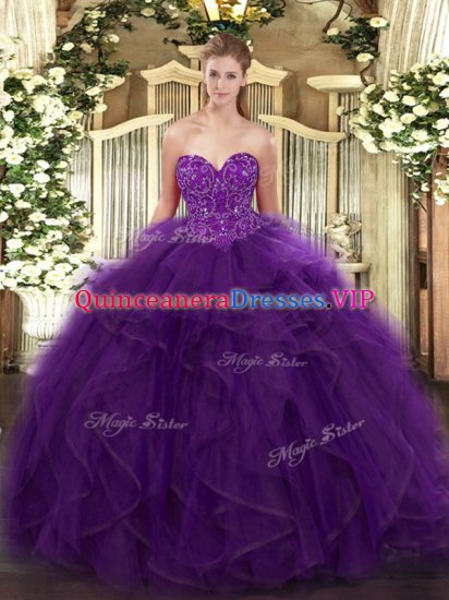 Purple Lace Up Sweetheart Ruffles Sweet 16 Dress Organza Sleeveless - Click Image to Close