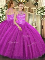Halter Top Sleeveless Lace Up Sweet 16 Dress Fuchsia Tulle(SKU SJQDDT1279002BIZ)