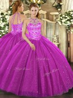 Halter Top Sleeveless Lace Up Sweet 16 Dress Fuchsia Tulle