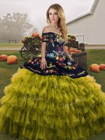 Low Price Sleeveless Organza Floor Length Lace Up Ball Gown Prom Dress in Olive Green with Embroidery and Ruffled Layers