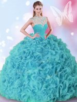 Aqua Blue Sleeveless Organza Zipper 15 Quinceanera Dress for Military Ball and Sweet 16 and Quinceanera