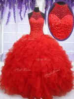 Fantastic Halter Top Red Sleeveless Organza Lace Up Quinceanera Gown for Military Ball and Sweet 16 and Quinceanera