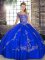 Sleeveless Floor Length Beading and Embroidery Lace Up Ball Gown Prom Dress with Royal Blue