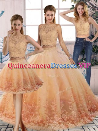 Discount Peach Three Pieces Lace Vestidos de Quinceanera Backless Tulle Sleeveless