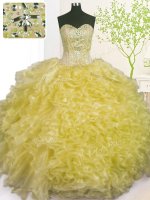 Fine Light Yellow Ball Gowns Sweetheart Sleeveless Organza Floor Length Lace Up Beading and Ruffles and Pick Ups Sweet 16 Dresses(SKU PSSW0387-3BIZ)