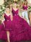 Fuchsia Three Pieces V-neck Sleeveless Fabric With Rolling Flowers Floor Length Backless Beading Sweet 16 Quinceanera Dress