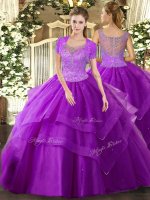 Modern Ball Gowns 15 Quinceanera Dress Eggplant Purple Scoop Tulle Sleeveless Floor Length Clasp Handle
