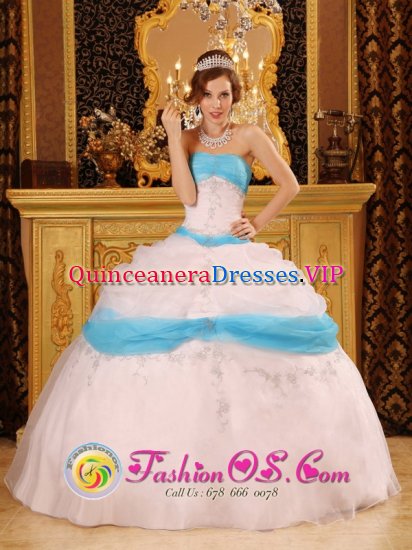 Abington Cambridgeshire Perfect Satin and Organza Baby Blue Quinceanera Dress With Pick-ups and Appliques - Click Image to Close