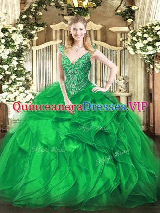 Inexpensive Sleeveless Organza Floor Length Lace Up Sweet 16 Quinceanera Dress in Green with Beading and Ruffles