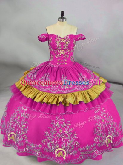 Simple Fuchsia Sleeveless Embroidery Floor Length Quinceanera Dress - Click Image to Close