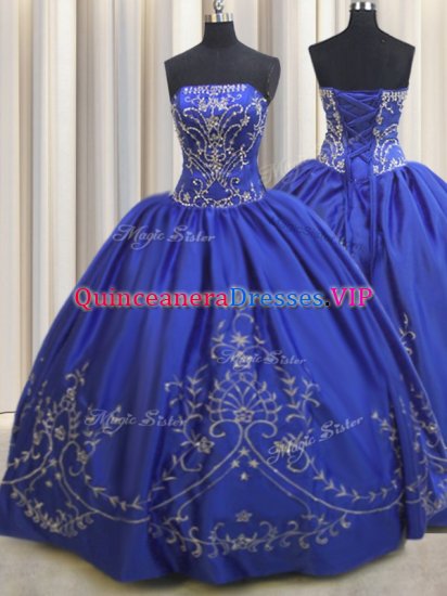 Fantastic Embroidery Strapless Sleeveless Lace Up Military Ball Dresses For Women Royal Blue Chiffon - Click Image to Close