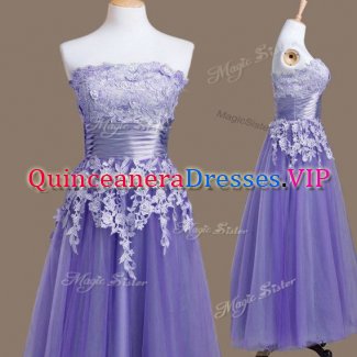 Dramatic Lavender Strapless Lace Up Appliques Quinceanera Court of Honor Dress Sleeveless