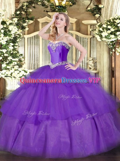 Sleeveless Floor Length Beading and Ruffled Layers Lace Up Quince Ball Gowns with Lavender - Click Image to Close
