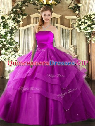 Designer Fuchsia Lace Up Quince Ball Gowns Ruffled Layers Sleeveless Floor Length