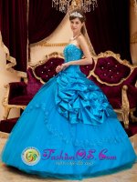 Burlington Iowa/IA Stylish Quinceanera Dress For Strapless Teal Taffeta and Tulle Lace and Appliques Ball Gown