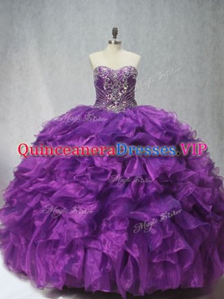 Beading and Ruffles Quinceanera Gowns Purple Lace Up Sleeveless Brush Train