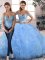 Blue Ball Gowns Off The Shoulder Sleeveless Tulle Floor Length Lace Up Beading and Ruffles Quinceanera Gown